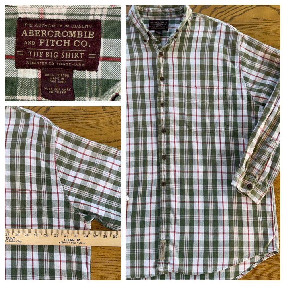 Vintage 90’s Abercrombie & Fitch The Big Shirt Light Green Plaid L Men's P2P 26”